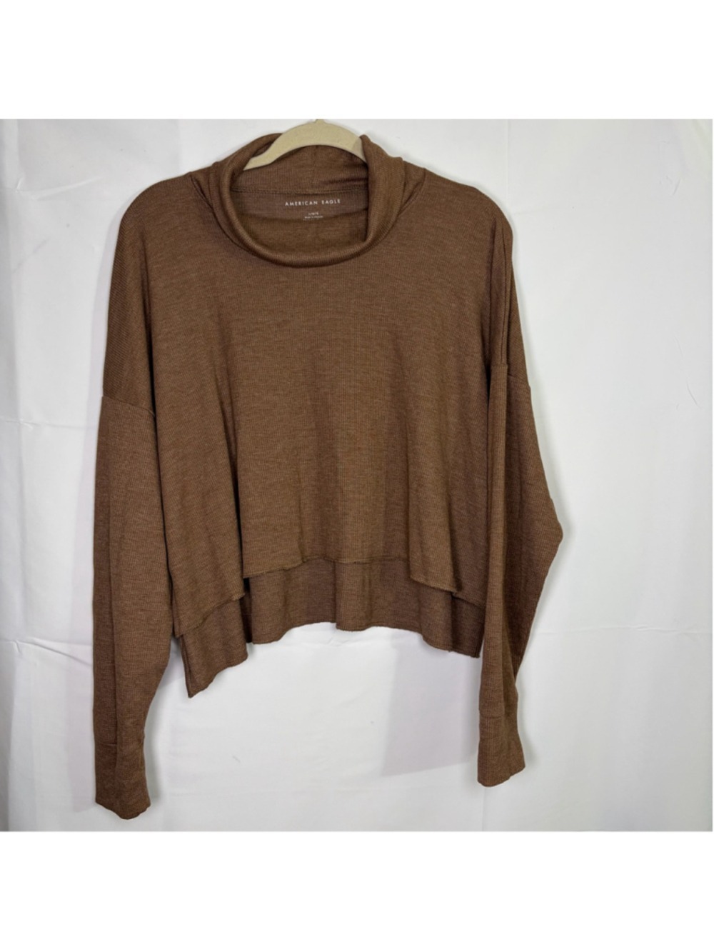 American Eagle Cowl Neck Sweater Brown Tan Waffle Knit Cropped Oversized Large